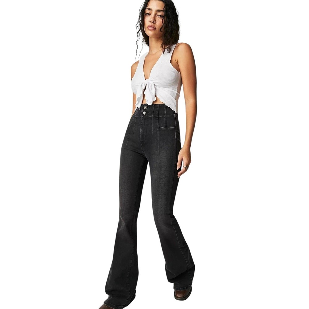 We the Free People Jayde Flare Jeans 30 Onyx Black High Rise 70s Bell Bottom
